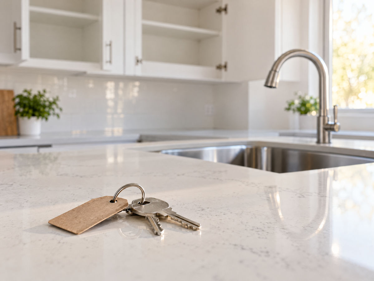 A set of apartment keys left on a spotless quartz counter in an empty, freshly cleaned kitchen