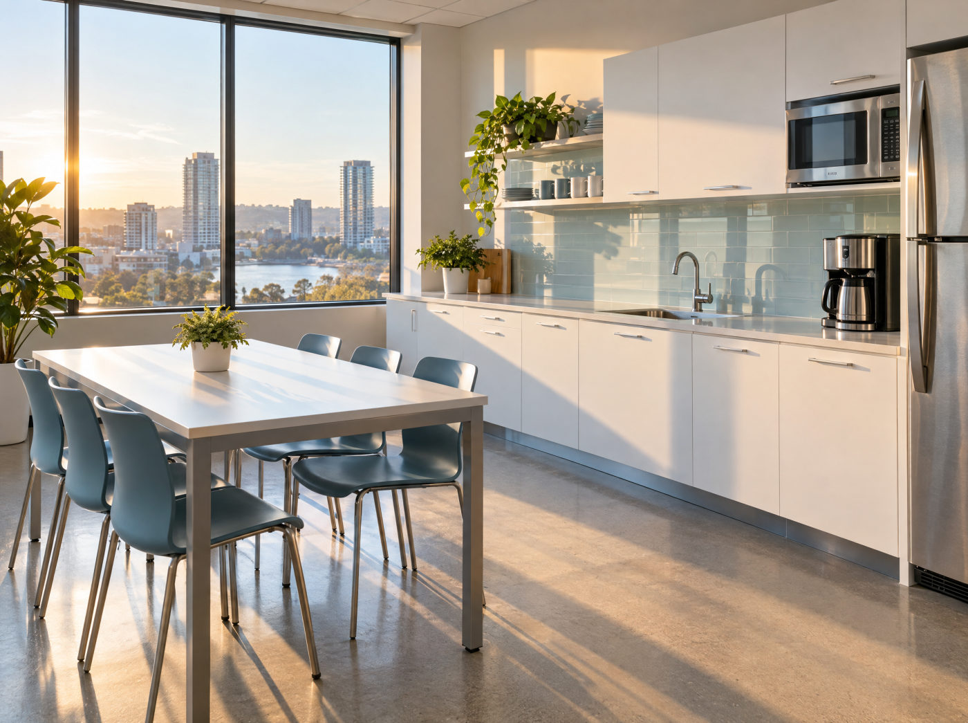 A clean office break room with wiped counters, a tidy table and morning light