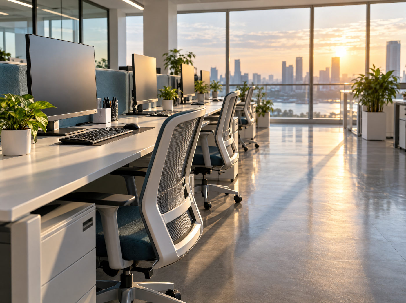 A row of clean office workstations in afternoon light, desks wiped and chairs tucked in
