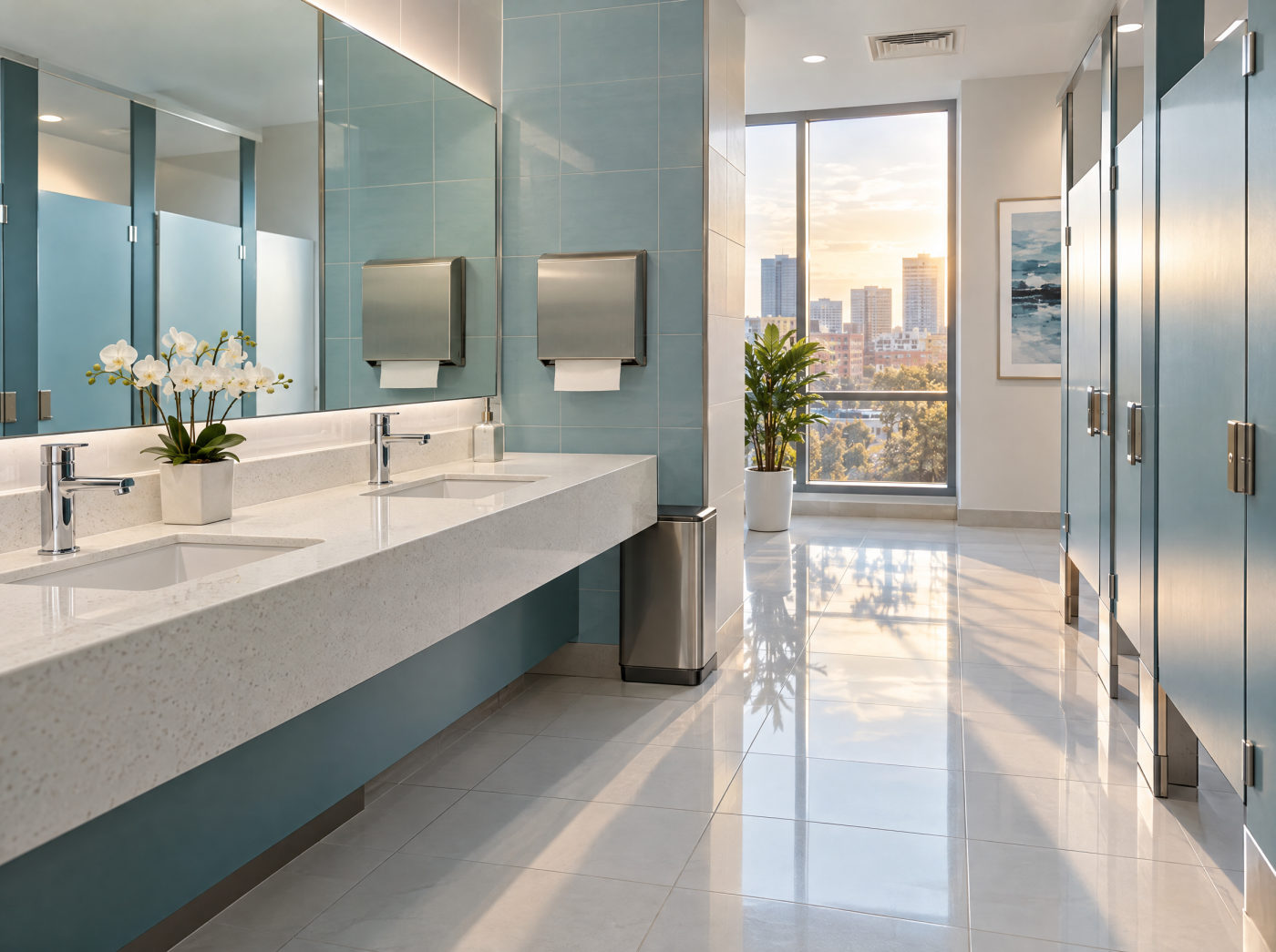 A spotless office restroom with a shining stone vanity, clear mirror and polished tile floor