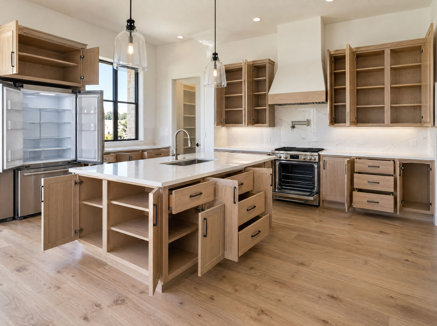 An empty, freshly cleaned kitchen with every cabinet door open and the shelves wiped bare
